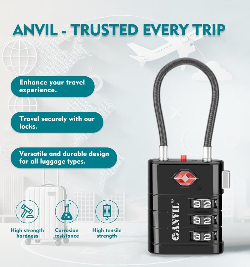 Anvil TSA Approved Luggage Locks – High Security TSA008 Combination Travel Locks with Inspection Indicator for Suitcases and Backpacks. (4, Black) - Image 4